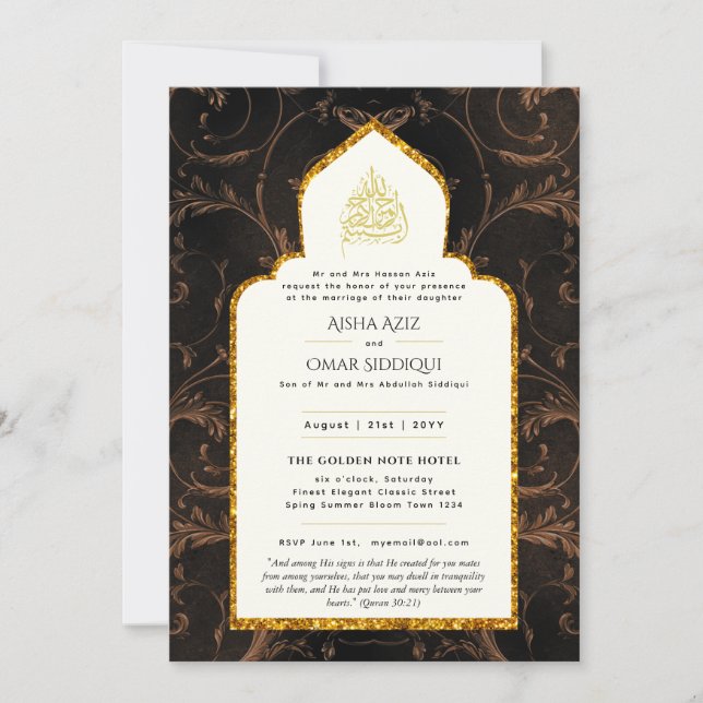Invitación Boda islámico LeahG Oro negro elegante moderno (Anverso)