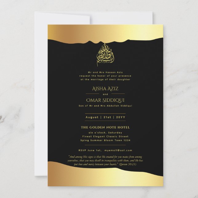 Invitación Boda islámico LeahG Relieve metalizado dorado negr (Anverso)