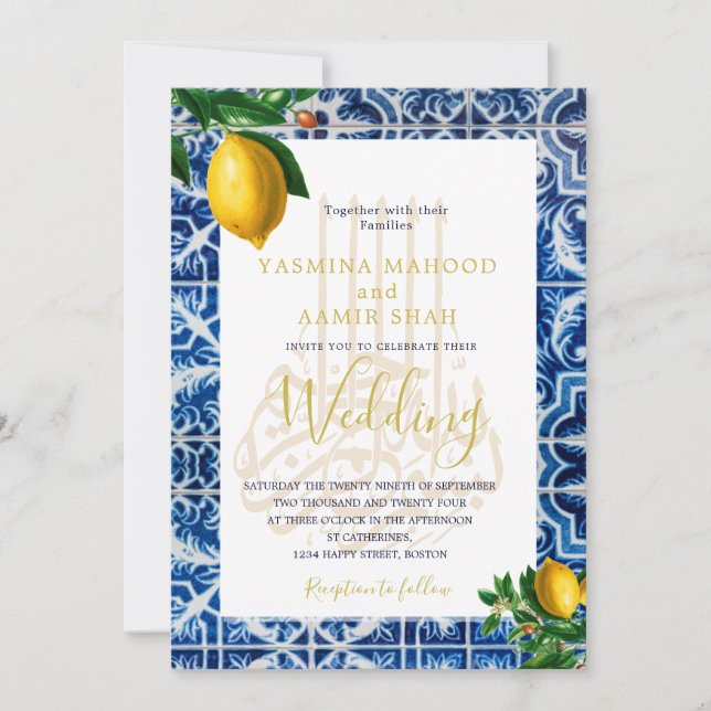 Invitación Boda islámico Lemons Blue White Tiles Elegante (Anverso)
