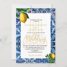 Invitación Boda islámico Lemons Blue White Tiles Elegante