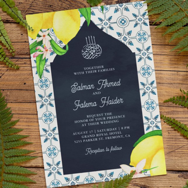 Invitación Boda islámico limón azul marino persa (Subido por el creador)