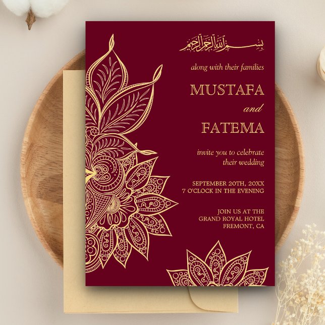 Invitación Boda islámico Mehendi Henna Gold Burgundy (Subido por el creador)