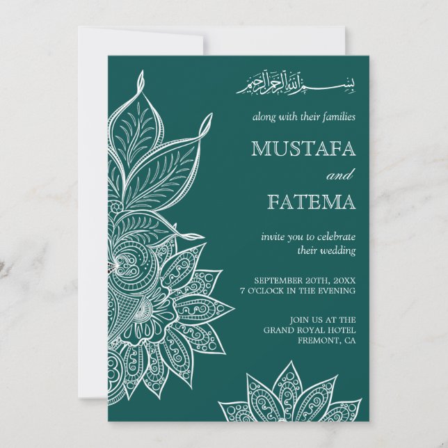 Invitación Boda islámico Mehendi Henna Green Sea (Anverso)