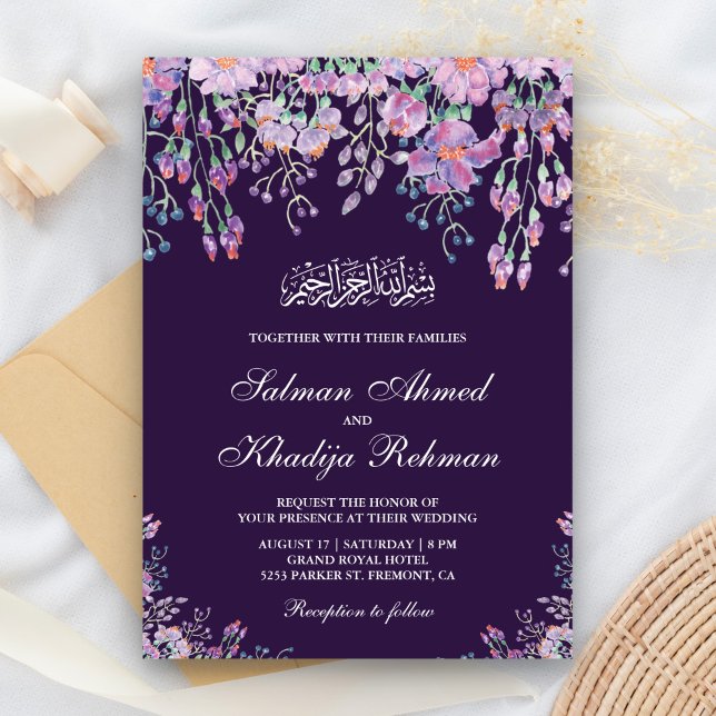 Invitación Boda islámico musulmán de flor morada oscura (Subido por el creador)