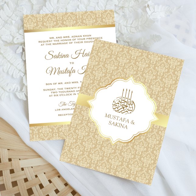 Invitación Boda Islámico Musulmán de Oro y Damasco de Beige (Subido por el creador)