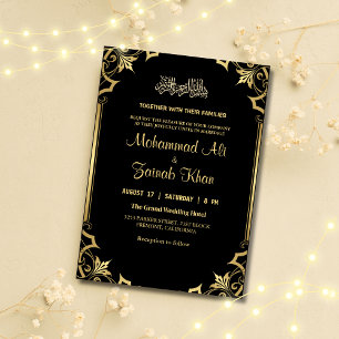 Invitación Boda islámico negro ornamentado con oro de lujo