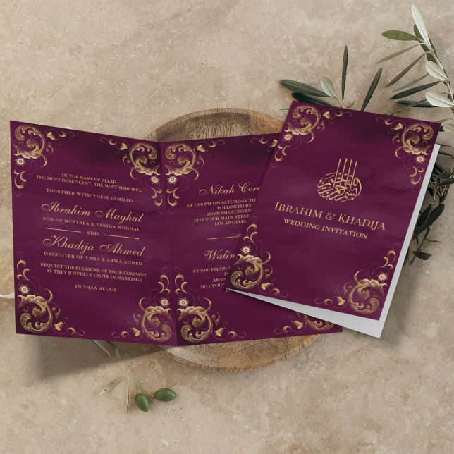 Invitación Boda islámico púrpura del marco dorado antiguo (Subido por el creador)
