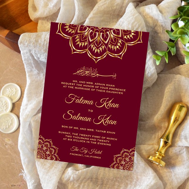 Invitación Boda islámico tradicional del Motif Gold de Borgoñ (Subido por el creador)