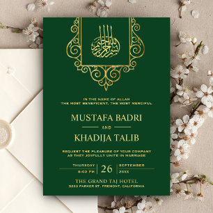 Invitación Boda islámico verde oro floreciente de la cosecha