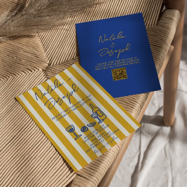 Invitación Boda Italiana Azul Amarillo Código QR Escrito a Ma (Subido por el creador)