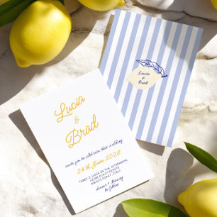 Invitación Boda italiana con rayas amarillas y azules escrita