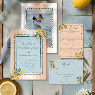 Invitación Boda italiana de limón melocotón franja azul coste