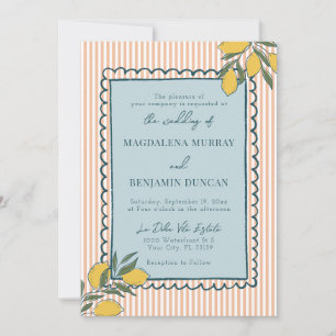 Invitación Boda italiana de limón melocotón rayas azul coster
