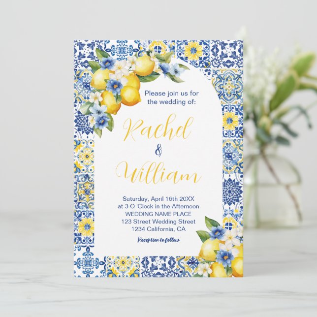 Invitación Boda italiano azul mediterráneo y limón (Anverso de pie)