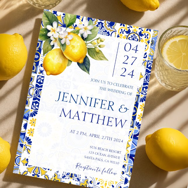 Invitación Boda italiano con azulejos de limón azul mediterrá (Mediterranean Lemon Blue Tiles Italian Wedding Invitation)