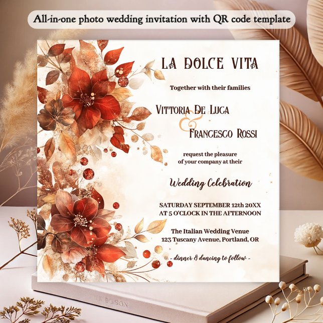 Invitación Boda italiano de flores rojas todo en uno (All-in-one wedding invitation featuring watercolor flowers in Italian red and vibrant orange)