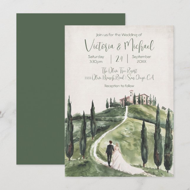 Invitación Boda italiano de la ladera de chipre novia y novio (Anverso / Reverso)