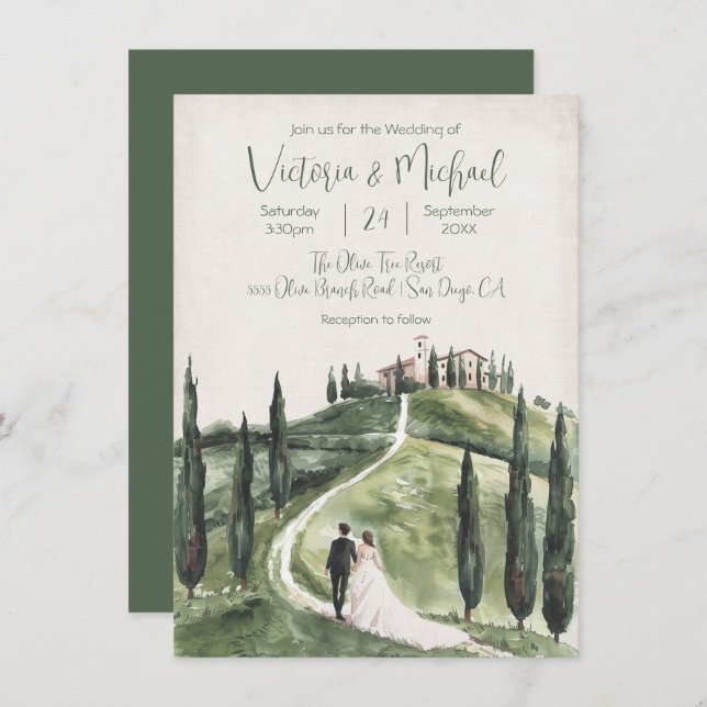 Invitación Boda italiano de la ladera de chipre novia y novio (Anverso / Reverso)