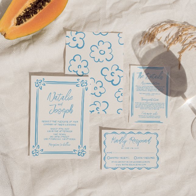 Invitación Boda italiano dibujado a mano azul mediterráneo (Subido por el creador)