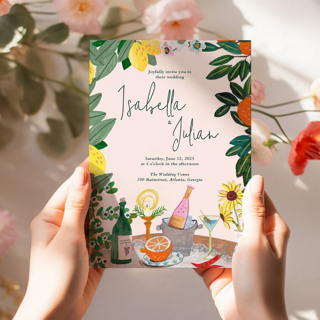 Invitación Boda italiano griego limón rosa (Mediterranean Italian Greece Lemon Pink Wedding Invitation)