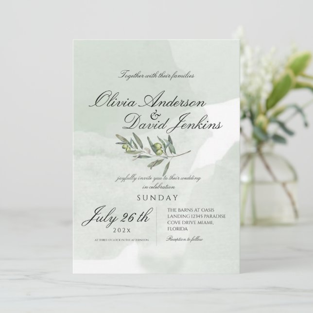 Invitación Boda italiano guión de jardín acuarela oliva (Anverso de pie)