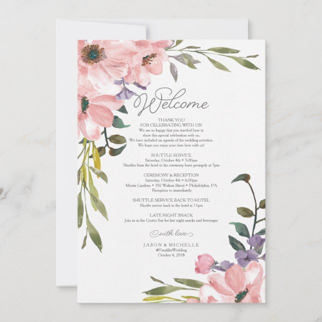Invitación Boda Itinerario - Carta de bienvenida Rosa de té (Anverso)