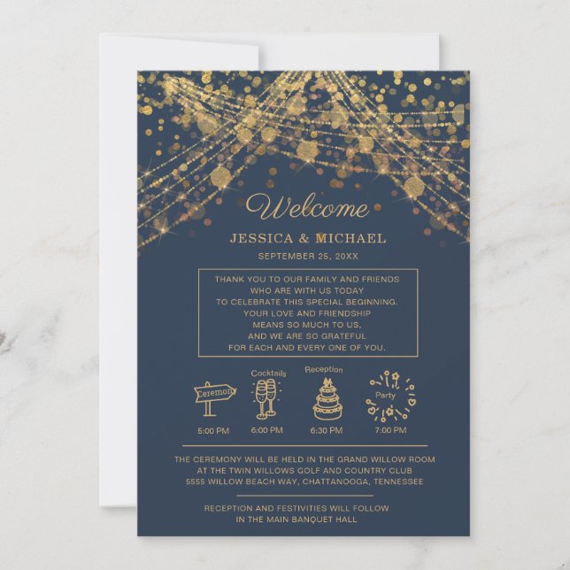 Invitación Boda Itinerario de la cadena Navy Blue Gold (Anverso)