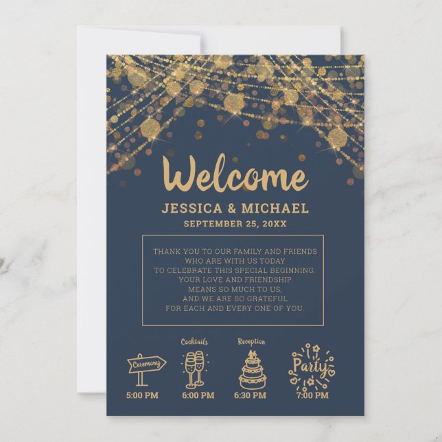 Invitación Boda Itinerario de la cadena Navy Blue Gold (Anverso)