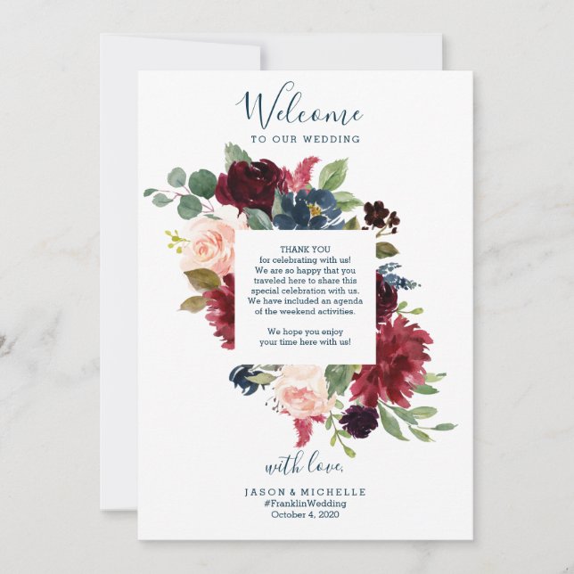 Invitación Boda Itinerary Hotel Carta de bienvenida - Borgoña (Anverso)