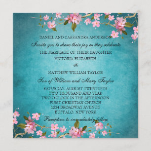 Invitación Boda japonés azul Verde azulado de flores de cerez