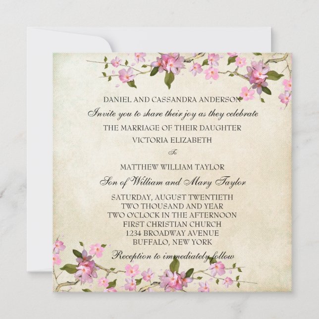 Invitación Boda japonés de flores de cerezo rosa (Anverso)