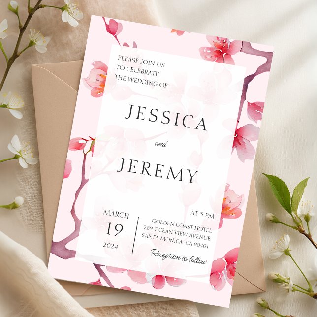 Invitación Boda japonés de flores de cerezo rosado de Rubor (Blush Pink Sakura Japanese Cherry Blossom Wedding Invitation)