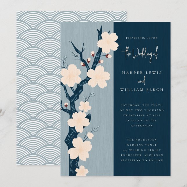 Invitación Boda japonés de la floración azul del cerezo (Anverso / Reverso)