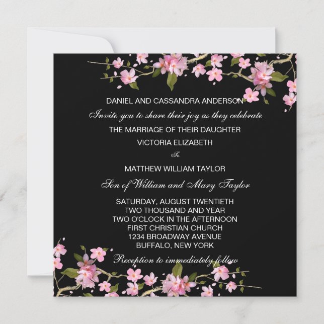 Invitación Boda japonés negro de flores de cerezo (Anverso)