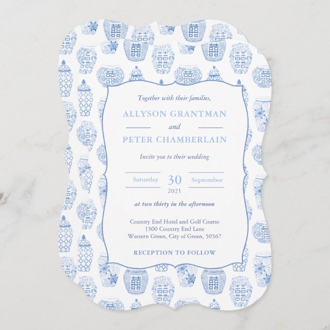 Invitación Boda Jar Chinoiserie De Ginger Azul Y Blanco (Anverso / Reverso)