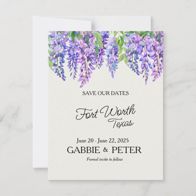 Invitación Boda Jardín Botánico de Flores Púrpura de Wisteria (Anverso)