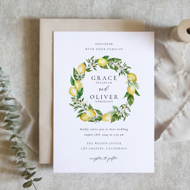 Invitación Boda Jardín Botánico de Limón y Vegetación (Botanical Lemon and Greenery Wreath Garden Wedding Invitation)