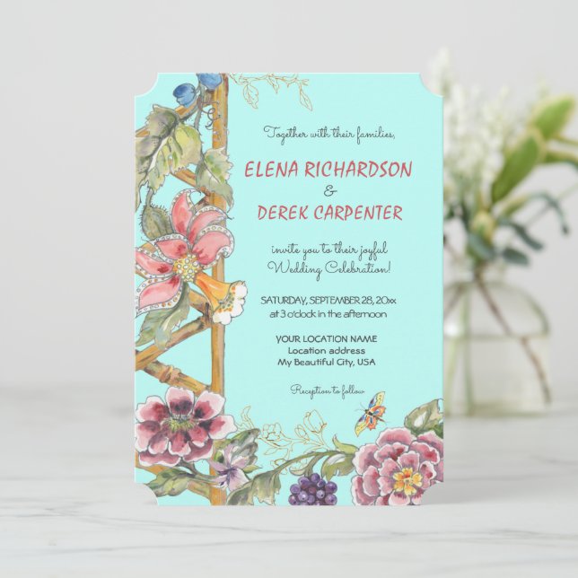 Invitación Boda Jardín de Aqua Floral Chinoiserie Única (Anverso de pie)
