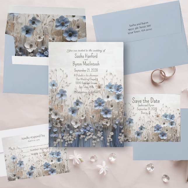 Invitación Boda Jardín de flores en 3D azul y blanco bonito (Subido por el creador)