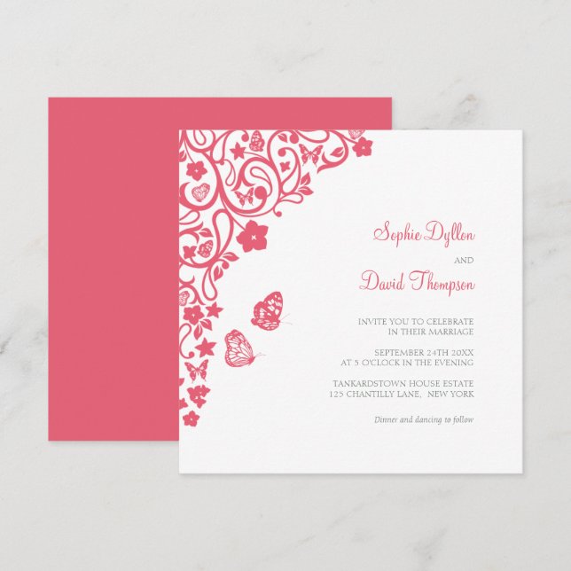 Invitación Boda Jardín de Mariposa Floral de Coral Rosa (Anverso / Reverso)