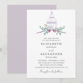Invitación Boda jaula de pájaros floral púrpura vintage acuar
