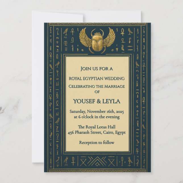 Invitación Boda jeroglífico de Scarab, ala alada egipcia (Anverso)