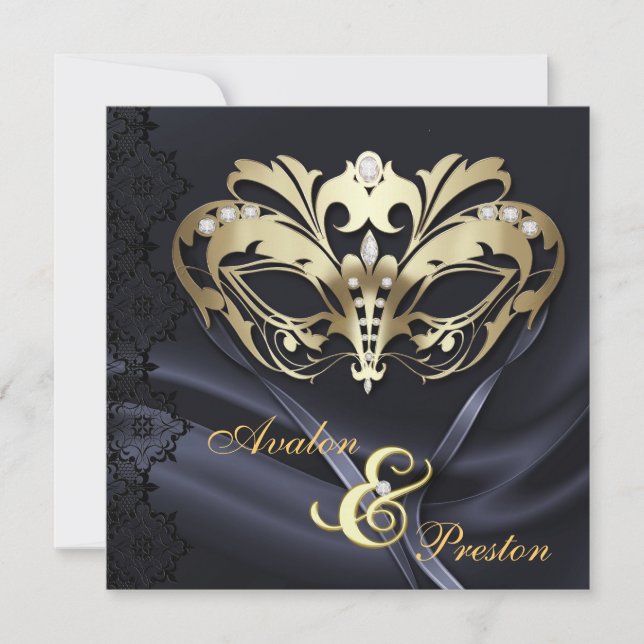 Invitación Boda Jeweled negro de la mascarada del oro (Anverso)