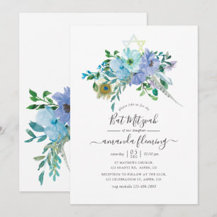 Invitación Boda judía floral boho de acuarela azul y menta
