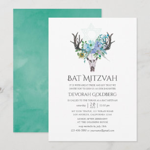 Invitación Boda judía floral boho de acuarela azul y menta
