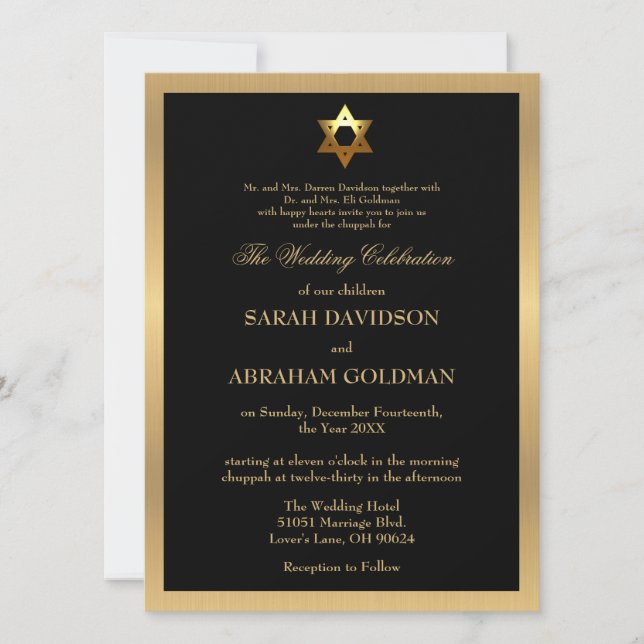 Invitación Boda Judía Formal Tradicional de Oro y Negro (Anverso)
