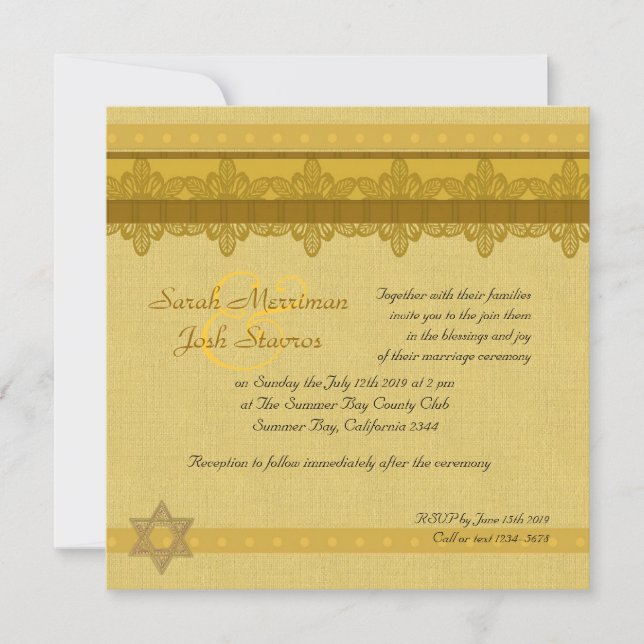 Invitación boda judío Brocade Damask Gold (Anverso)