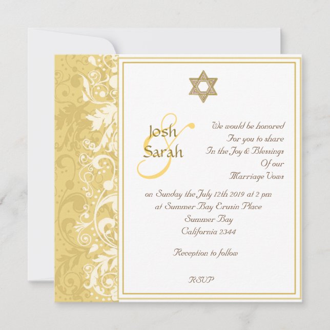 Invitación boda judío con brocado de damasco blanco y dorado (Anverso)