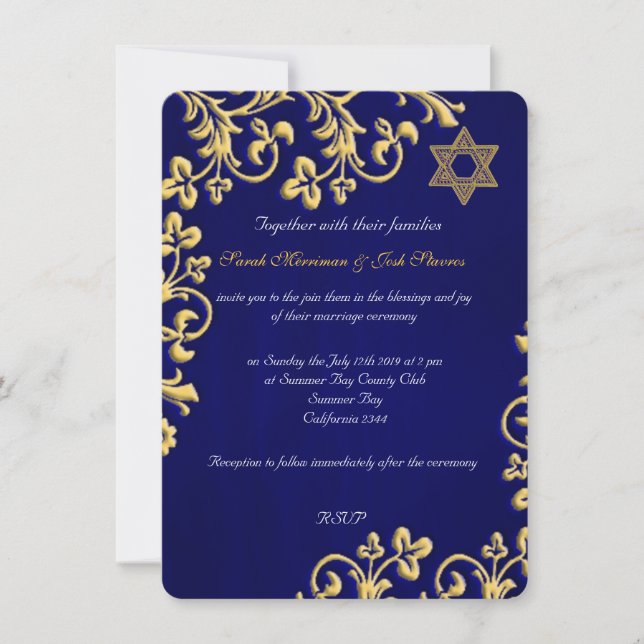 Invitación Boda judío del brocado del azul y del oro (Anverso)