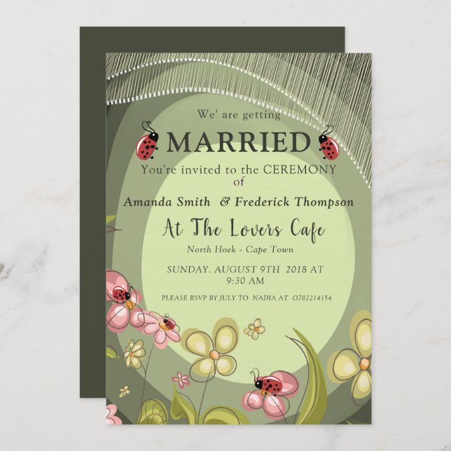 Invitación Boda juguetona de verde y mariquitas (Anverso / Reverso)